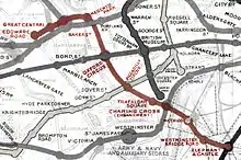 Extract from an historic map of the central London Tube railways, showing the Baker Street and Waterloo Railway highlighted