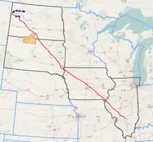 Dakota Access Pipeline route (Standing Rock Indian Reservation is shown in orange, affected states are outlined in black)