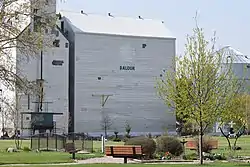 The grain elevator and Veteran Park in Baldur.