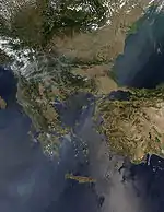 Photo of the Balkans taken from space showing wildfires