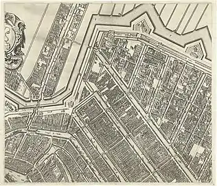 Map of Amsterdam by Balthasar van Berckenrode (1625). Shows Leidsegracht as the boundary of the buildings at the time, with the still short Prinsengracht (Prince Graft), ending at the Leidsegracht (top center).