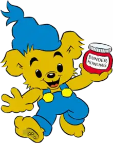 An illustration of an anthropomorphized, bipedal brown bear wearing a blue overall and a blue knit cap, and carrying a red jar of honey.