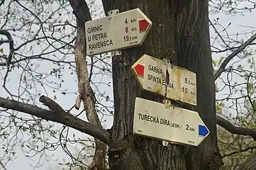 Czech-language signs marking the trails between Sfânta Elena and Gârnic