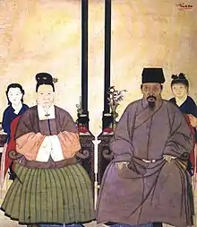 A Ming dynasty portrait illustrating a man wearing zhiduo, woman wearing banbi.