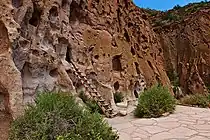 The face of a small cliff showing dwellings and a reconstructed ladder to access them