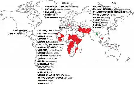 World map, indicating where the Bangladeshi UN peacekeeping force is stationed