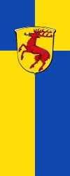 A blue and yellow vertical banner flag. At the top, on the cross point is the coat of arms of Hirschhorn
