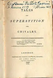 Title page, Anon. [Anne Bannerman], Tales of Superstition and Chivalry (Vernor and Hood, 1802)
