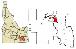 Location of Pocatello in Bannock County and Power County, Idaho.