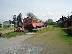 Passenger train in Banova Jaruga, ready to depart towards Daruvar (2014).