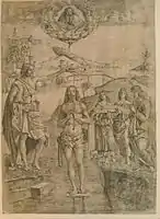 The Baptism of Christ, engraving. This particular work is after Bellini's Baptism of Christ (1500–02)
