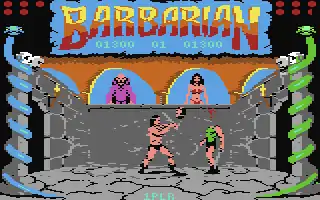 On the left and right of the screen stands a pillar entwined with a different-colored snake and two pairs of skulls. Above them, in the top corners, are circles that represent the life points of the barbarian fighters. A banner, emblazoned with the word "Barbarian", lies in the top centre. The players' scores are displayed below the word. The lower centre of the screen depicts a stone-walled room with two high windows. A bald man in purple robes stands in the window on the left. A black-haired busty woman in a red bikini stands in the right. In the room are two loincloth-wearing men who are fighting each other with swords. The left man has chopped off the right man's head.