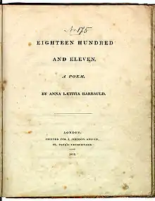 Page reads "Eighteen Hundred and Eleven, A Poem. By Anna Laetitia Barbauld. London: Printed for J. Johnson and Co., St. Paul's Churchyard. 1812."