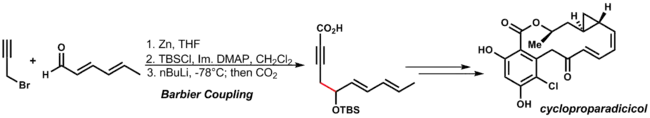 Samuel Danashefskey's total synthesis of cycloproparadiciciol utilizes an early stage Barbier reaction to access the key intermediate