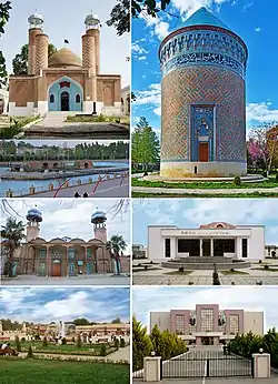 Landmarks of Barda, from top left:Imamzadeh Mausoleum • Barda MausoleumAncient bridge • State Art GalleryBarda Juma Mosque • Barda Sports CenterSabir Garden Park