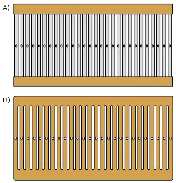 Two rectangular heddles; widthwise slots don't quite reach either long edge, and a row of small circular holes lies between the slots, along the lengthwise midline. One heddle is carved of solid wood, the other has metal strips, each with a hole in the center and the ends slotted into two lengthwise wooden bars.