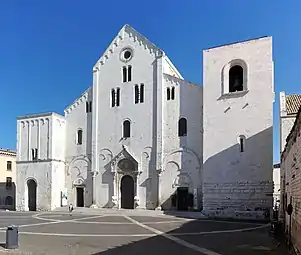 Western façade of the Basilica di San Nicola in Bari, an example of Apulian Romanesque