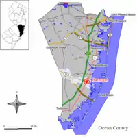 Map of Barnegat CDP in Ocean County. Inset: Location of Ocean County in New Jersey.