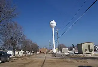 Looking east at houses and Barneveld's water tower