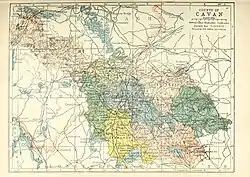 Barony map of County Cavan, 1900; Castlerahan is in the southeast, coloured peach.