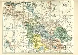 Barony map of County Cavan, 1900; Tullyhaw is in the northwest, coloured peach.