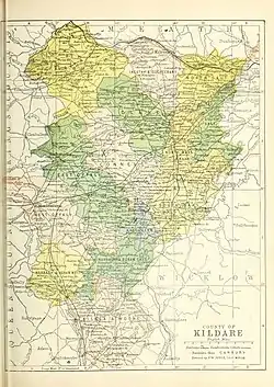 Map of the baronies of Kildare. Connell is coloured pink, in the centre.