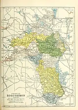 Barony map of County Roscommon, 1900; Ballymoe is coloured blue, in the centre.