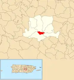 Location of Barranquitas barrio-pueblo within the municipality of Barranquitas shown in red