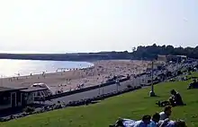 A busy beach bordered by a wide pathway with people sunbathing on a grassy bank behind it.
