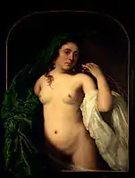Nude young woman lifting a curtain