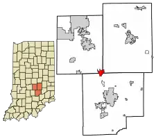 Location of Edinburgh in Bartholomew County and Johnson County and Shelby County, Indiana.
