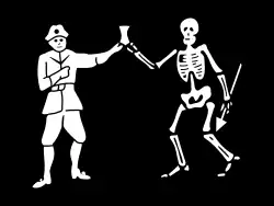 Bartholomew Roberts' first flag shows him and Death holding an hourglass.