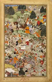 The Mughal Army commanded by Akbar attack members of the Sannyasa during the Battle of Thanesar.