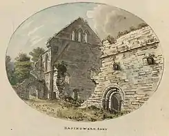A miniature of Basingwerk Abbey from a unique set of eight extra-illustrated volumes of Thomas Pennant's A Tour in Wales owned by the National Library of Wales.