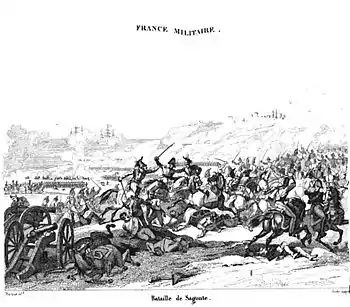 Black and white print shows cavalrymen fighting in the foreground, while a battle rages in the background.