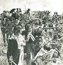 Black and white drawing of French Republican soldiers on the firing line.