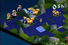 Various characters and creatures are standing on a grassy battlefield. The battlefield is divided into squares, and some squares are blue.