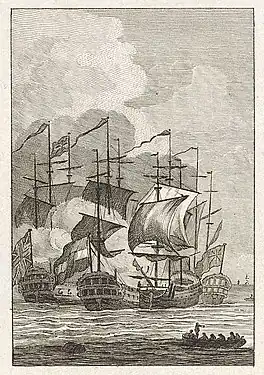 Naval battle of Captain Krulagainst three English shipsEngraving by Reinier Vinkeles, 1781