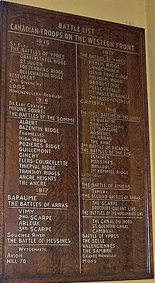 Battle list Canadian Troops on the Western Front plaque in Currie Hall, Royal Military College of Canada