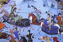 Shahnameh illustration of Bahram Chobin and Bagha Qaghan fighting.