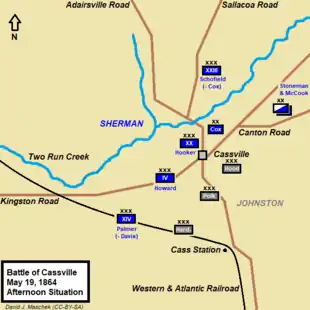 Map shows Battle of Cassville in the afternoon of May 19, 1864.