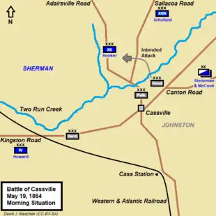 Map shows Battle of Cassville in the morning of May 19, 1864.
