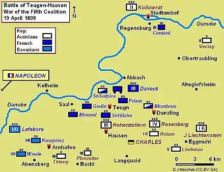 Battle of Teugen-Hausen map, showing positions on 19 April 1809