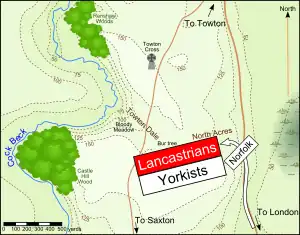 The Lancastrians were pushing back the Yorkists, but are engaged on their left flank by Norfolk's soldiers.