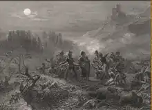 A black and white lithograph of a battle scene in which several men stand on a cliff, looking at a piece of paper. In the intermediate ground, several small boats carry soldiers. In the distance, steep mountains surround a small village on three sides, and a moon shines through the clouds.