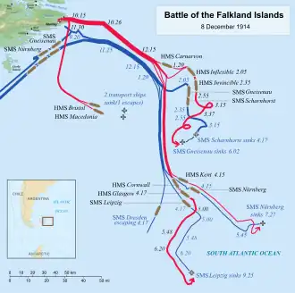 The German ships approached the islands from the south before turning back; each was chased down and sunk except Dresden.