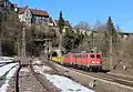 A Stuttgart 21 excavation train hauled two class 140 locomotives leaves the Au Tunnel in Rottweil