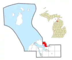 Location within Charlevoix County (red) and the administered CDP of Horton Bay (pink)