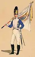 Bavarian flag bearer after the reform of 1800, wearing the iconic "Raupenhelm"