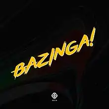 A dark abstract background consisting of various colors incorporating a whirl-like design. The title of the song, "Bazinga!", appears at the center of the photo written diagonally in yellow, while SB19's logo appears at the bottom in white.